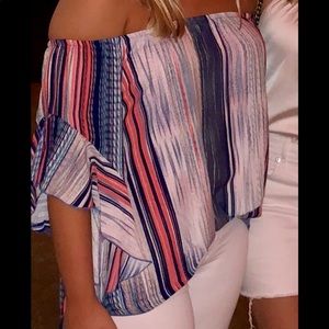 Multicolored tie off the shoulder blouse